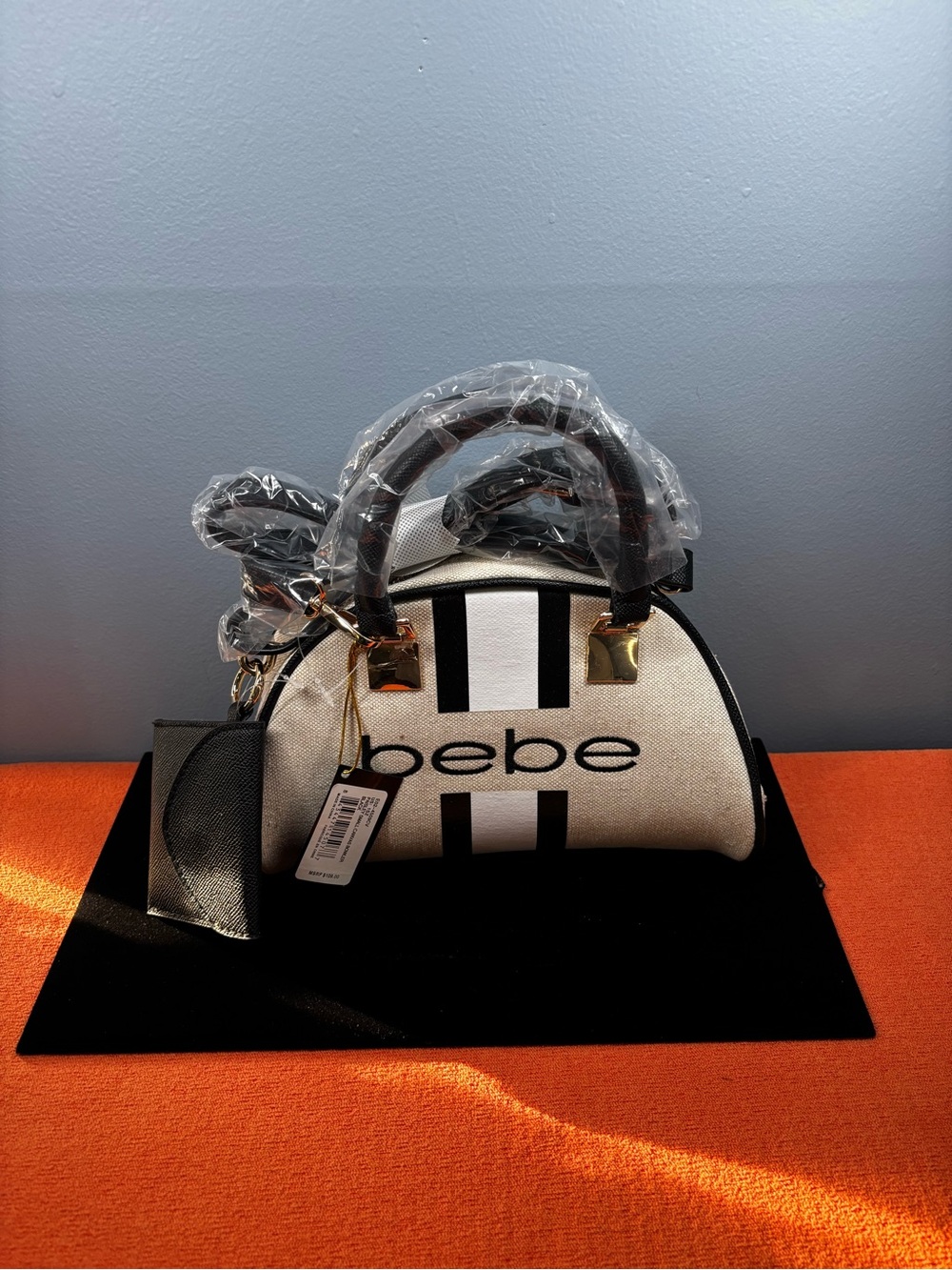 bebe Black & White Striped Dome Satchel